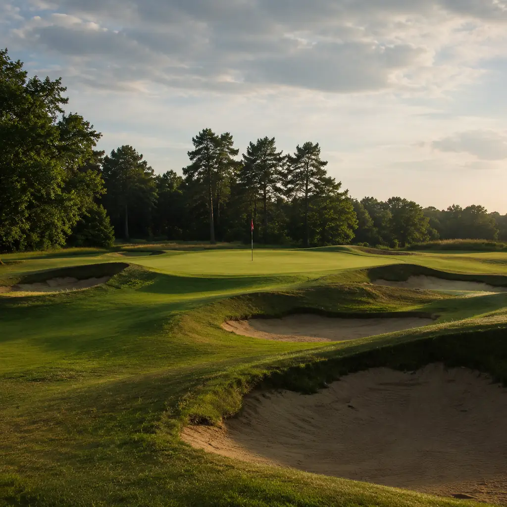 Realistic editorial photo of a classic Wisconsin links style golf course with raised green, deep bunkers, short grass, a