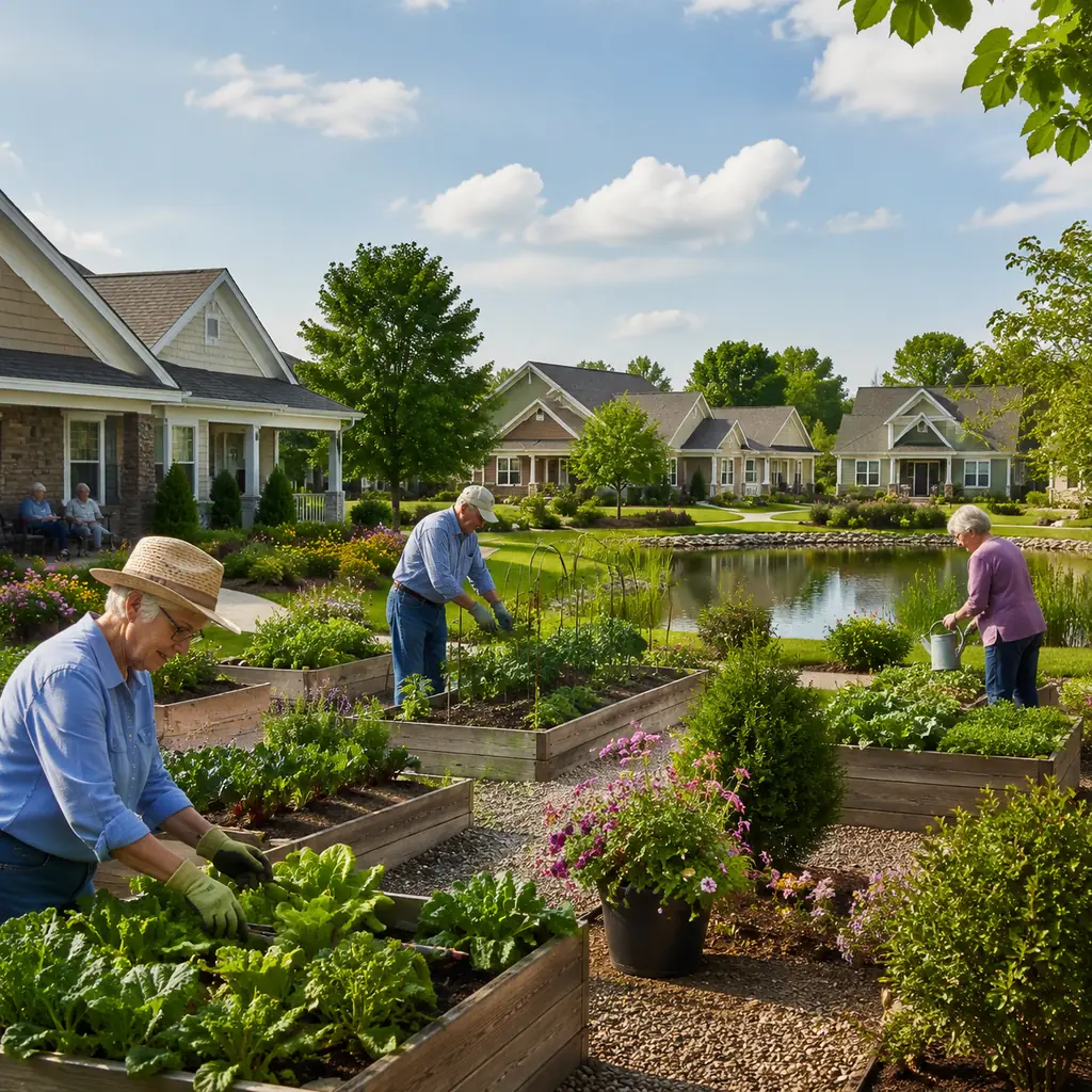Realistic editorial photo of a neat Pennsylvania retirement community with modern cottages, shared garden plots and a po