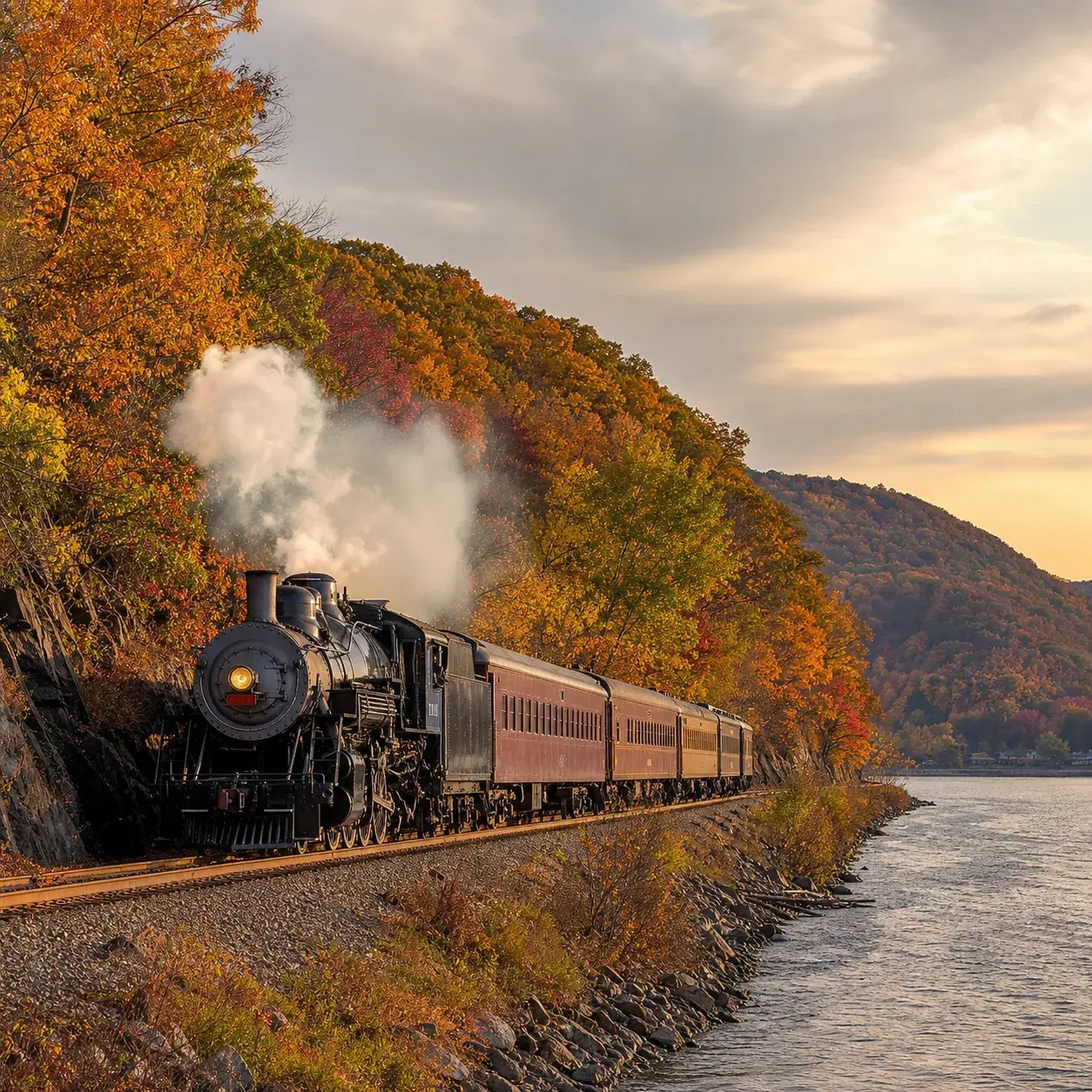 Realistic editorial photo of a steam train beside the lower Connecticut River Valley with autumn trees, vintage coaches,