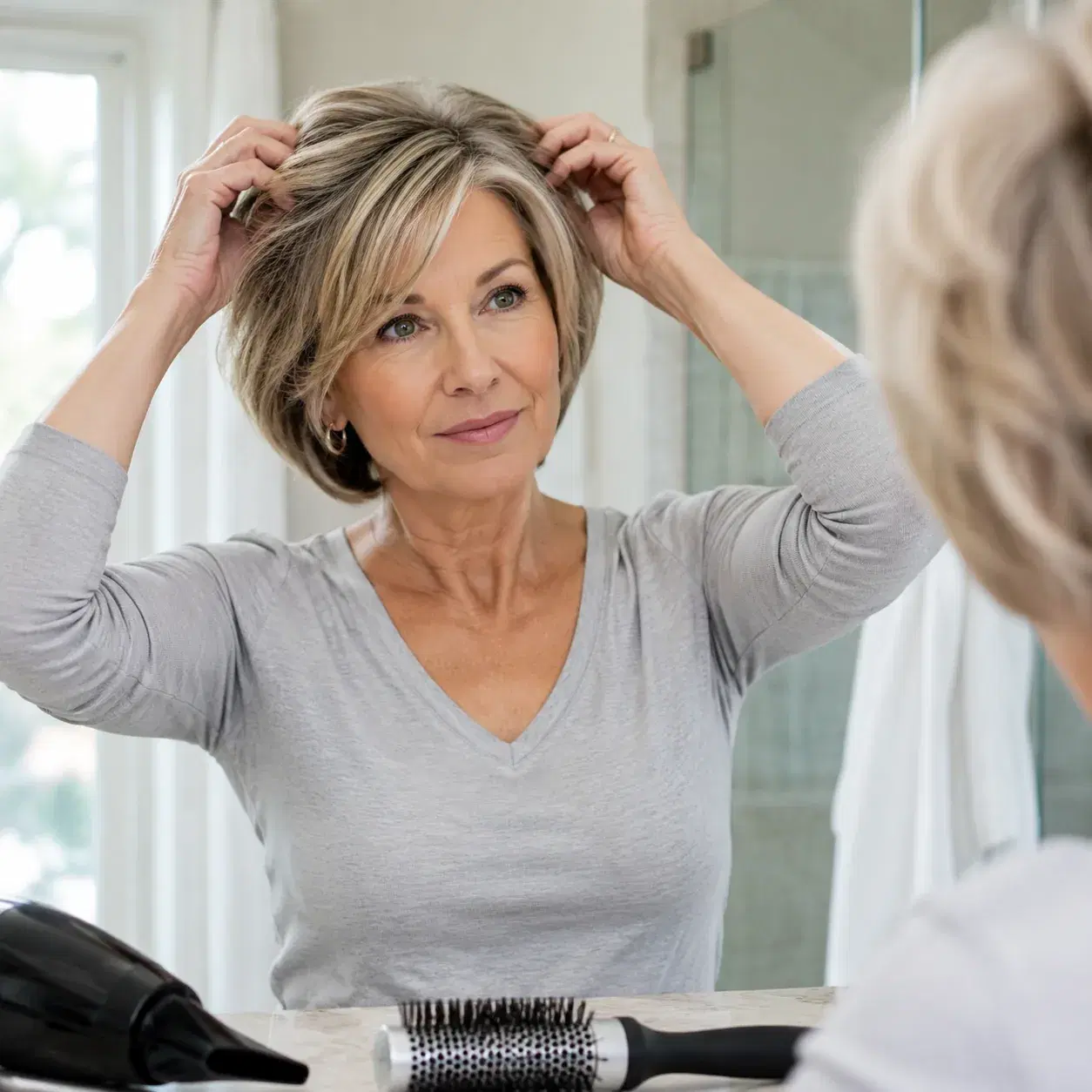 Realistic editorial photo of a woman over 50 trying to smooth a stacked bob after washing, round brush and blow dryer on