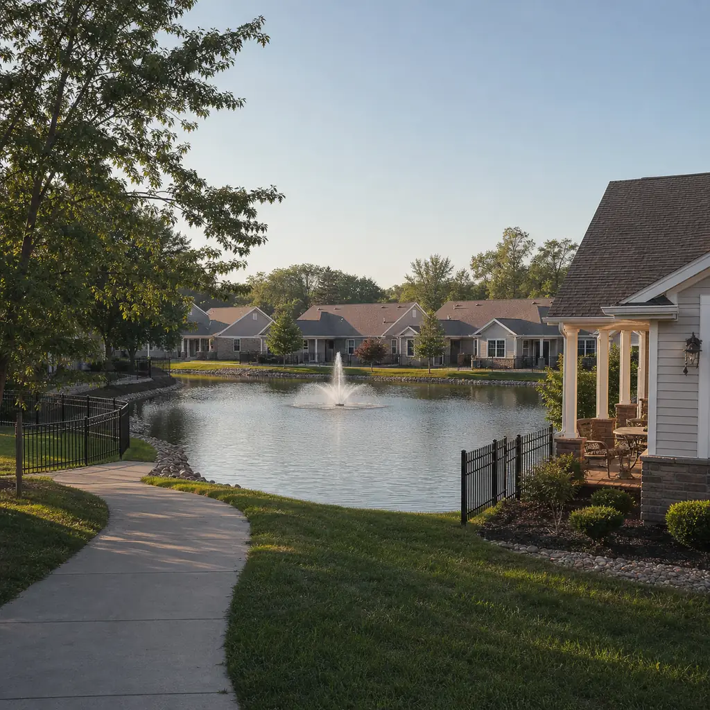 Realistic editorial photo of attached ranch duplex homes around a small lake with a fountain in a gated midwestern commu