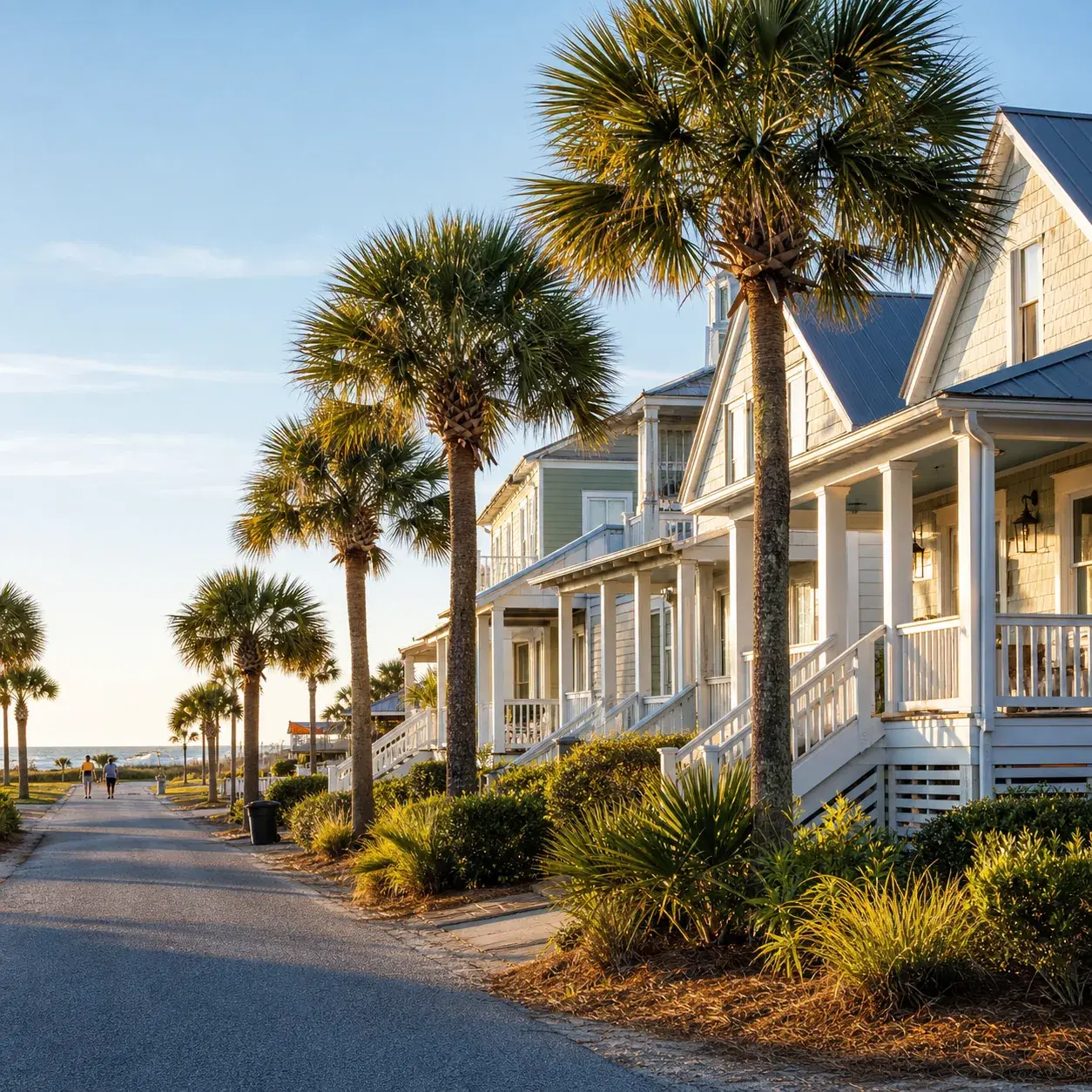Realistic editorial photo of Tybee Island coastal cottages and palm-lined street near the beach, late afternoon sunshine