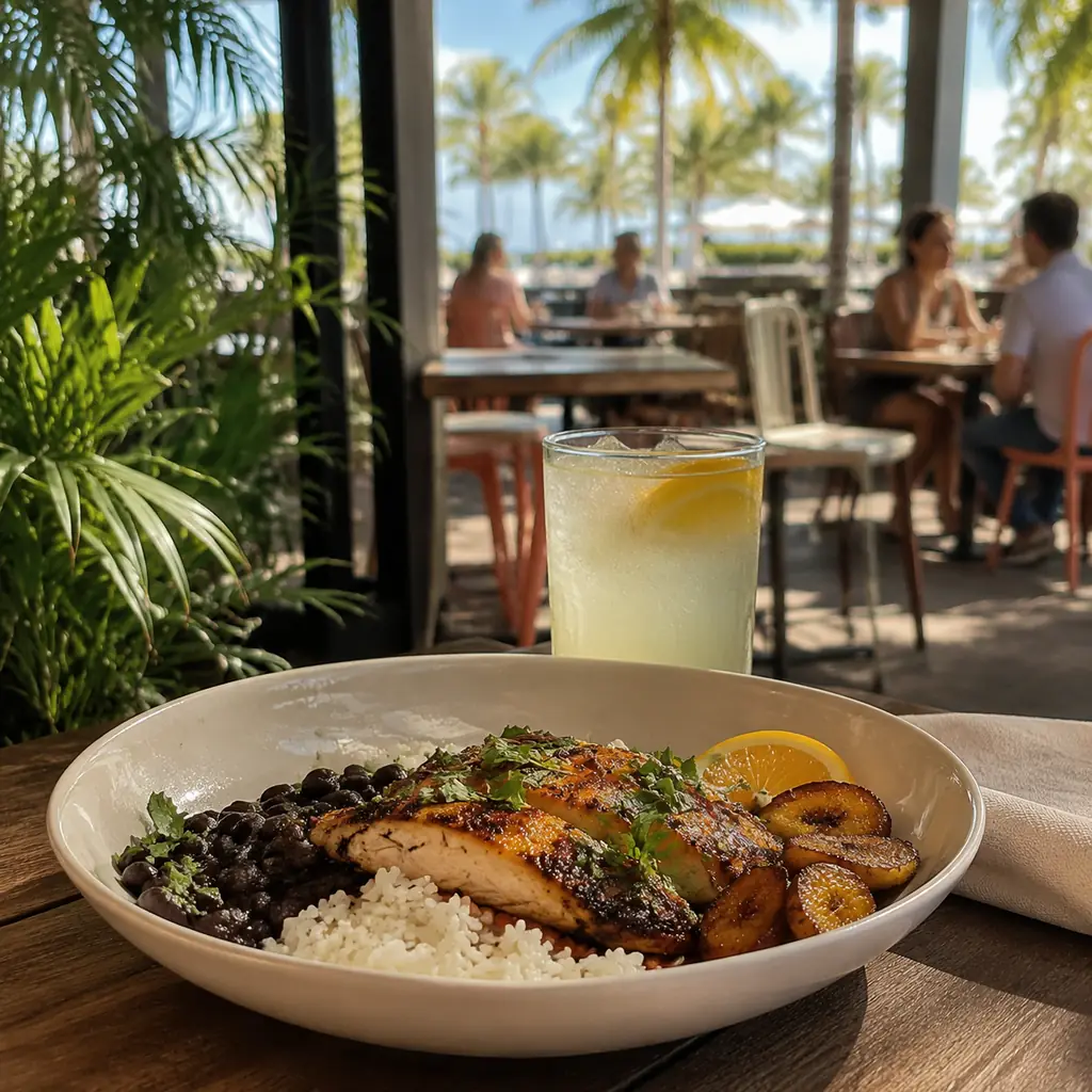 sunny Florida fast casual restaurant serving citrus grilled chicken rice black beans and plantains without logos, realis