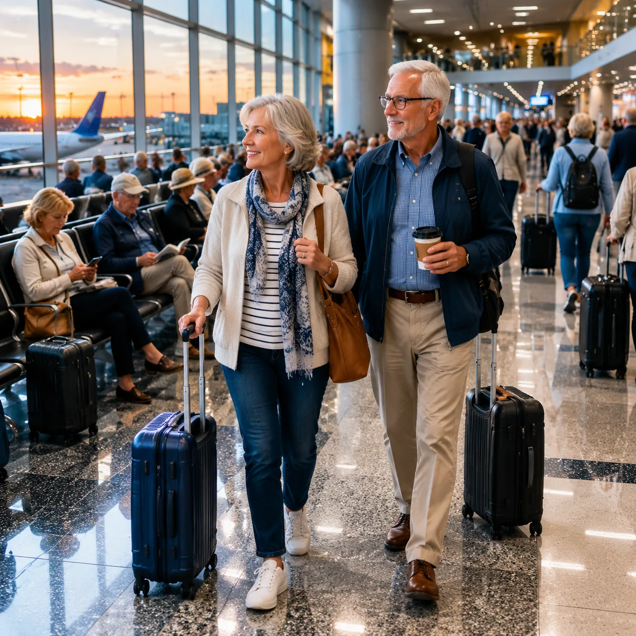 Busy airport hub corridor with older passengers moving past crowded gate seating and rolling luggage, evening light thro
