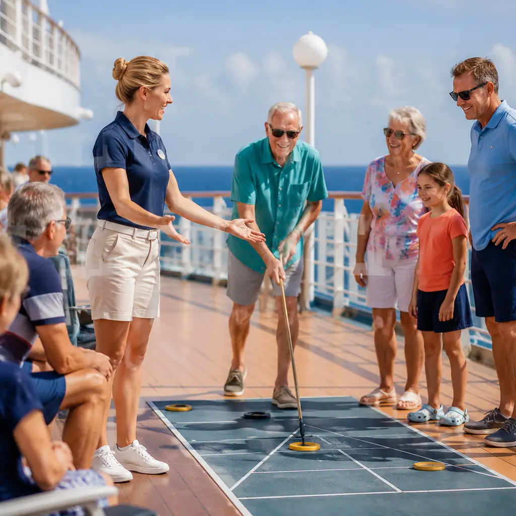 cheerful cruise staff member leading shuffleboard and simple deck games for a mixed-age group of passengers on an open p