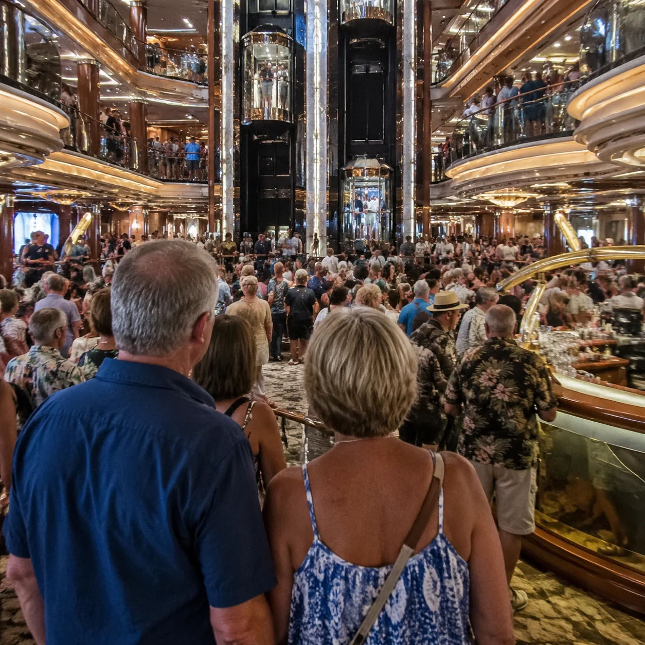 Crowded cruise ship atrium with passengers in casual vacation clothes, bright lights, busy bar area, mature couple looki
