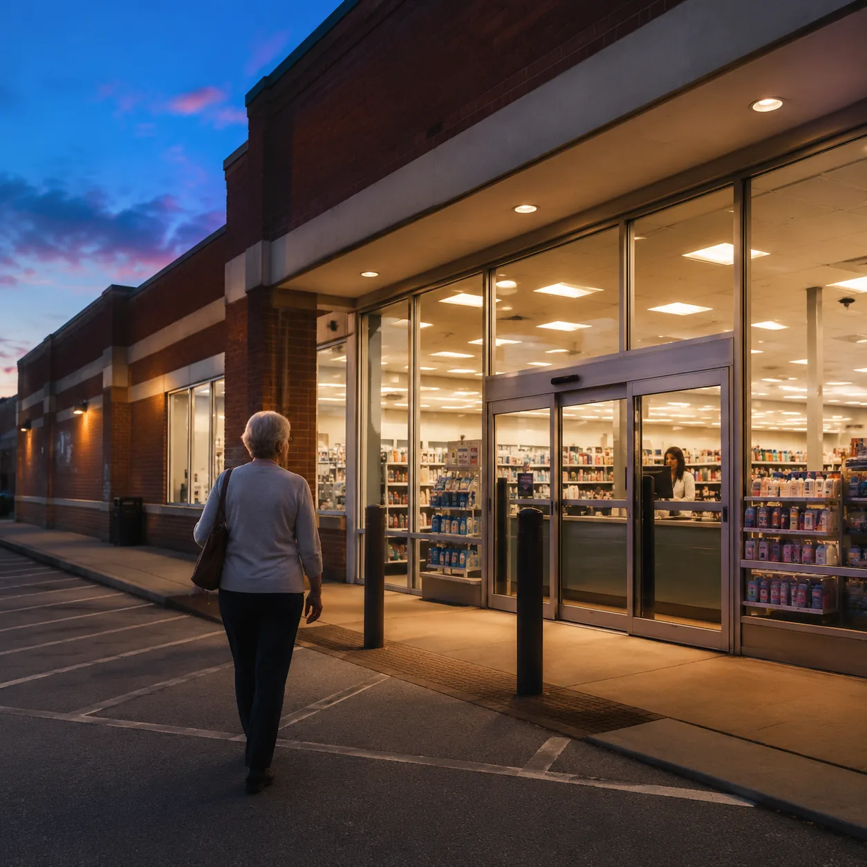 Drugstore exterior at dusk with older shopper walking toward entrance, shelves and pharmacy counter faintly visible thro