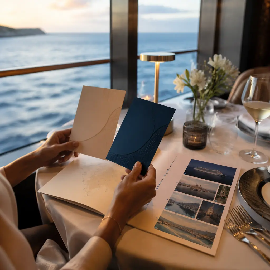 elegant cruise specialty restaurant table beside an itinerary and two thoughtfully selected reservation cards with no te