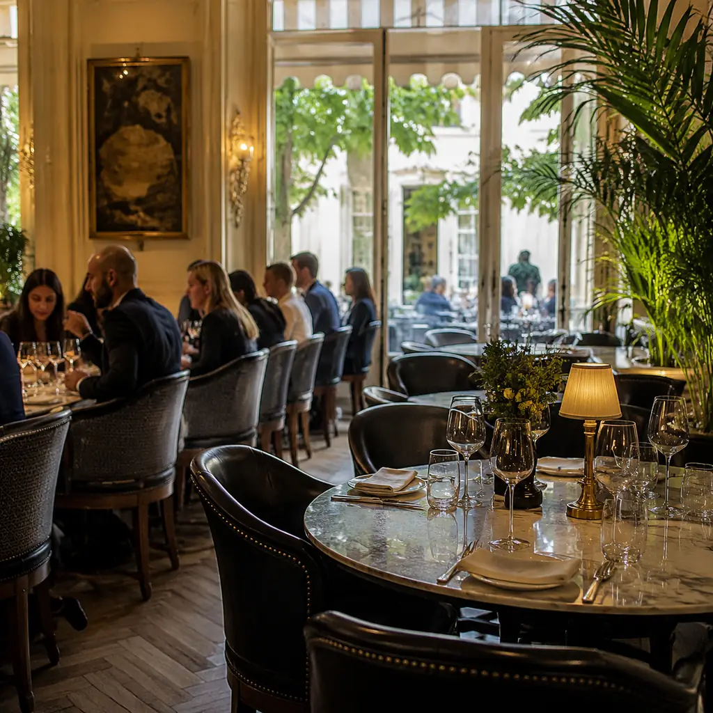 elegant main dining room showing one familiar reserved table and another flexible seating queue in a balanced scene, rea