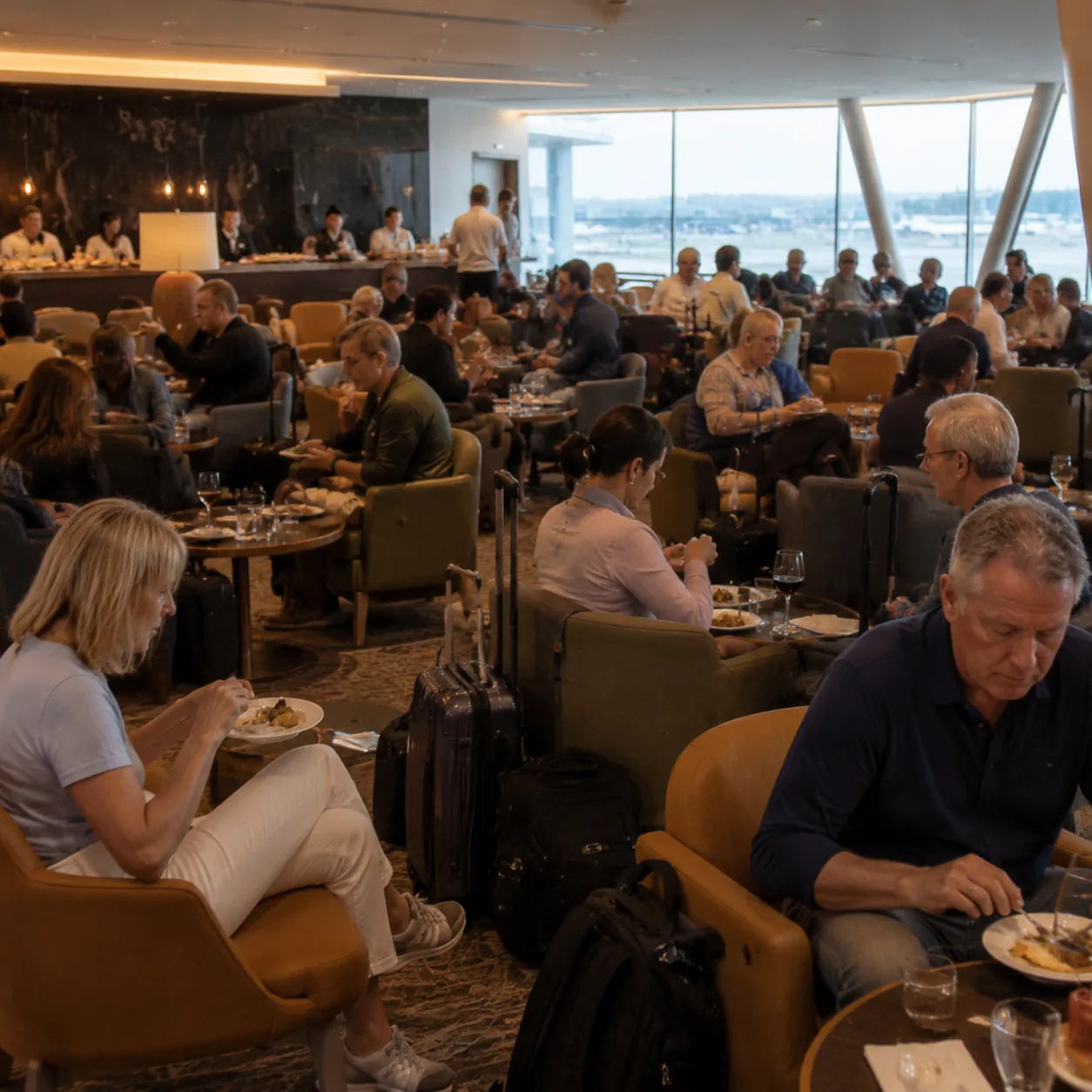 Generic independent airport lounge with crowded seating, travelers eating snacks from small plates, carry-on bags betwee