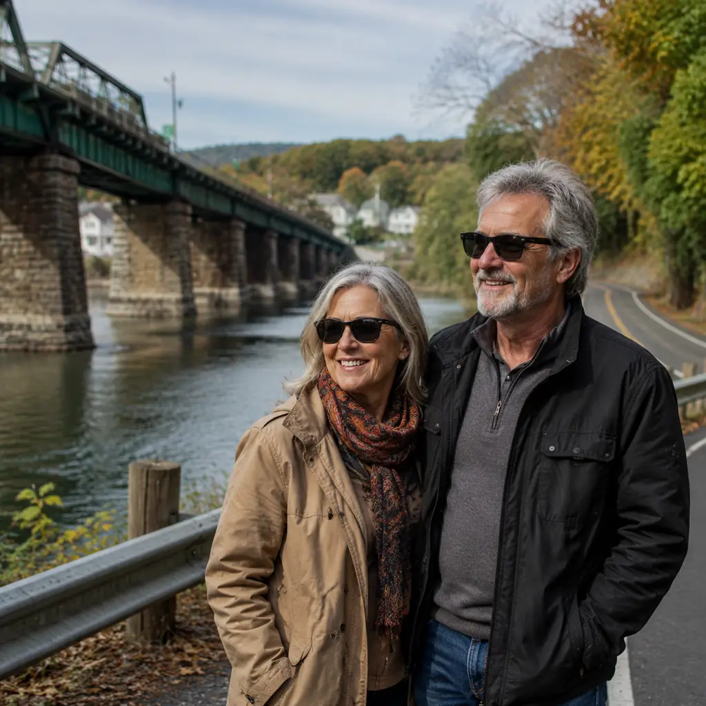 mature couple near a scenic river road and historic bridge along the Delaware in New Jersey, realistic travel editorial