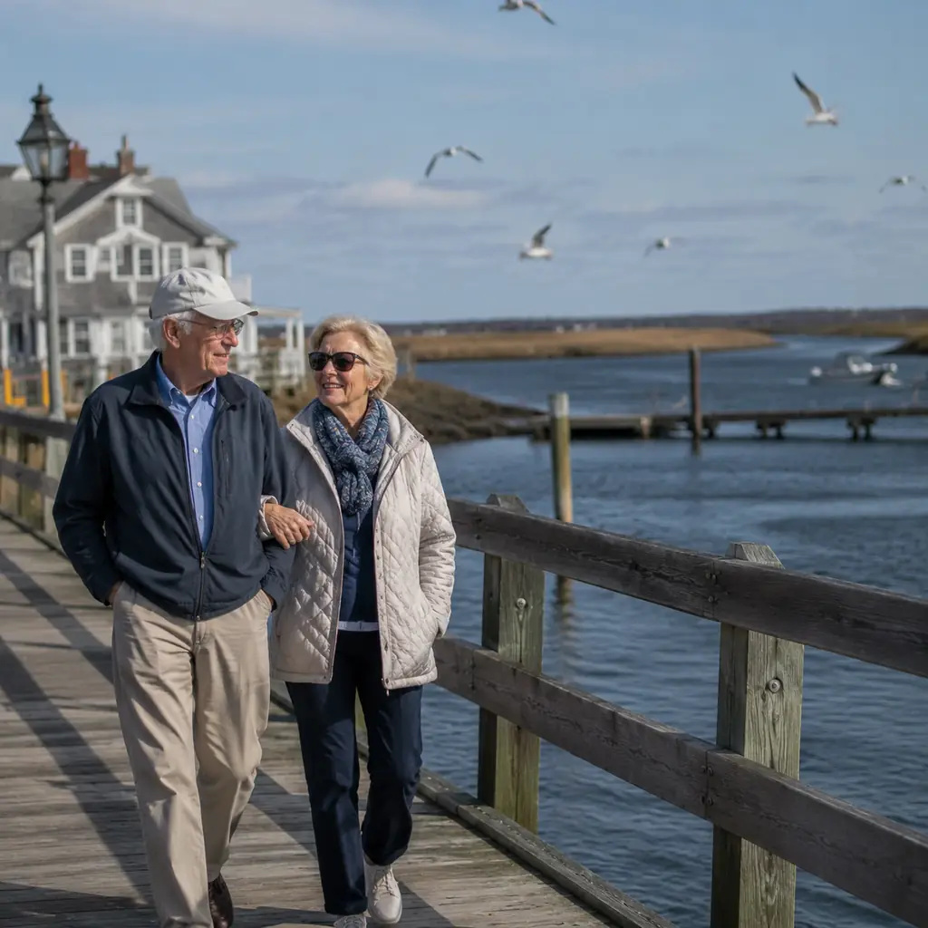 older couple on a waterfront boardwalk in Newburyport Massachusetts with distant salt marshes and seabirds, realistic tr