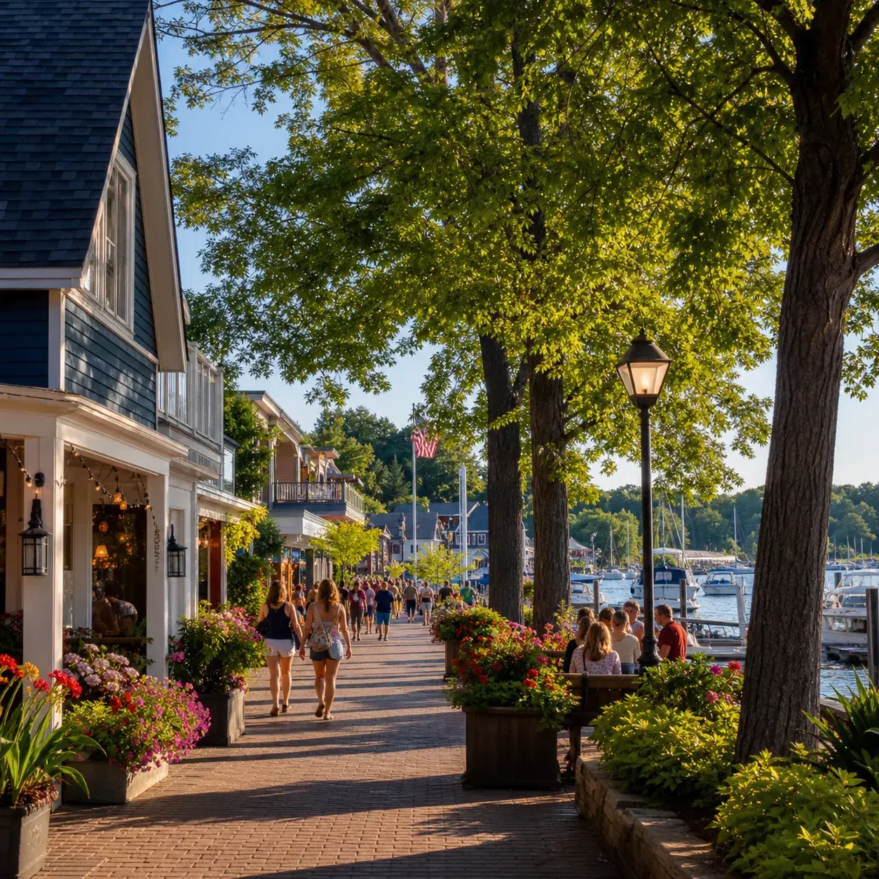 Realistic editorial photo of a charming Michigan lakefront town street in Saugatuck with small shops, flowers, marina bo