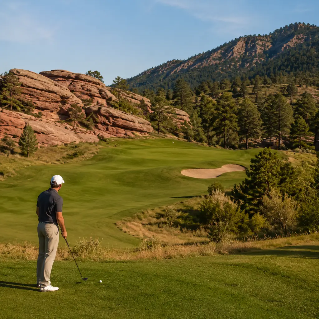 Realistic editorial photo of a Colorado foothills golf course with sandstone outcrops, green fairway, mountain edge, and