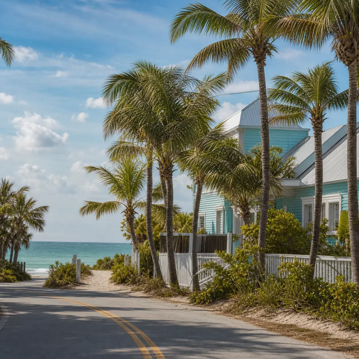 Realistic editorial photo of a Florida coastal road with palms, ocean glimpses, a small beach access path, and a bright 