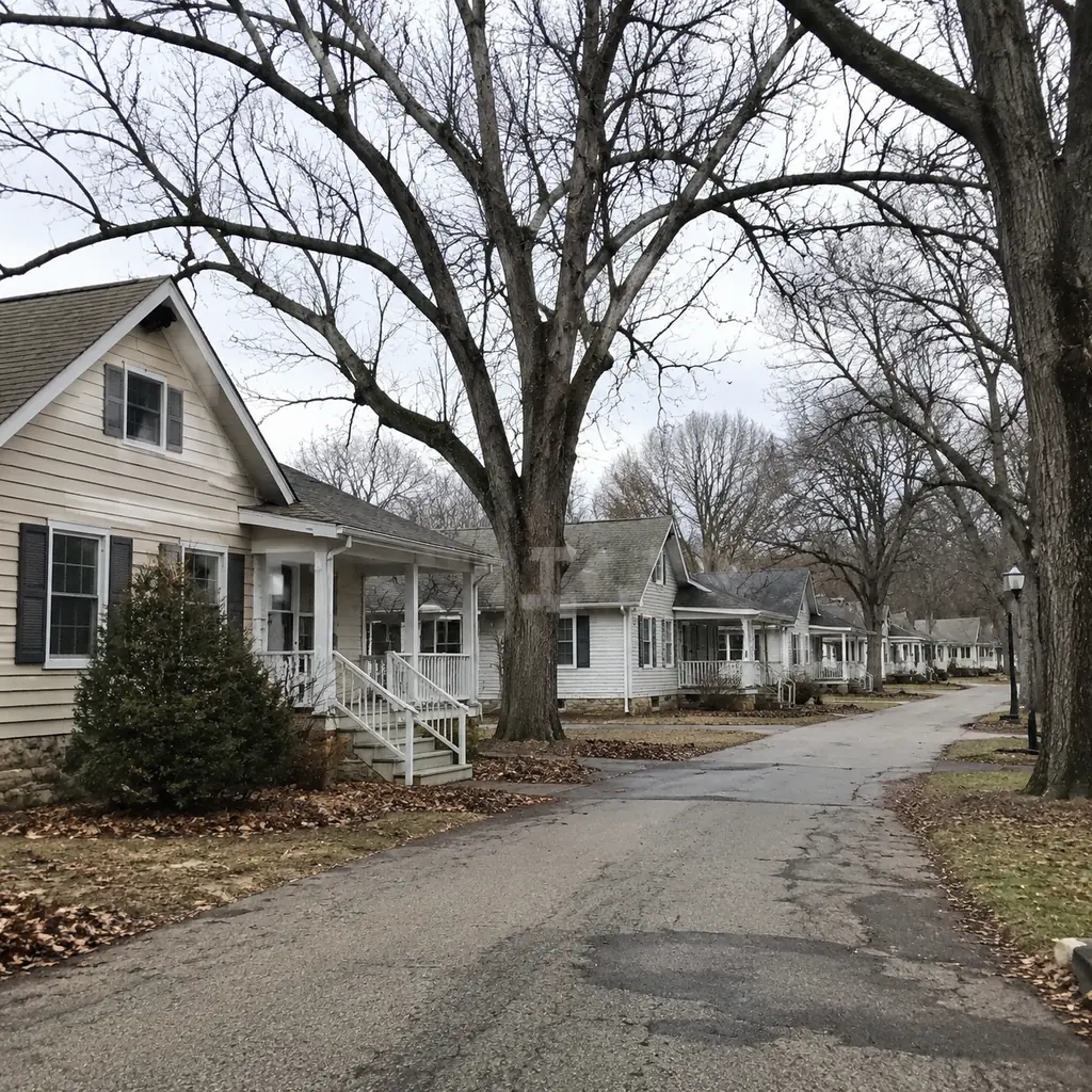 Realistic editorial photo of a small Ohio retirement community with older cottages, narrow drives, mature oaks, and quie