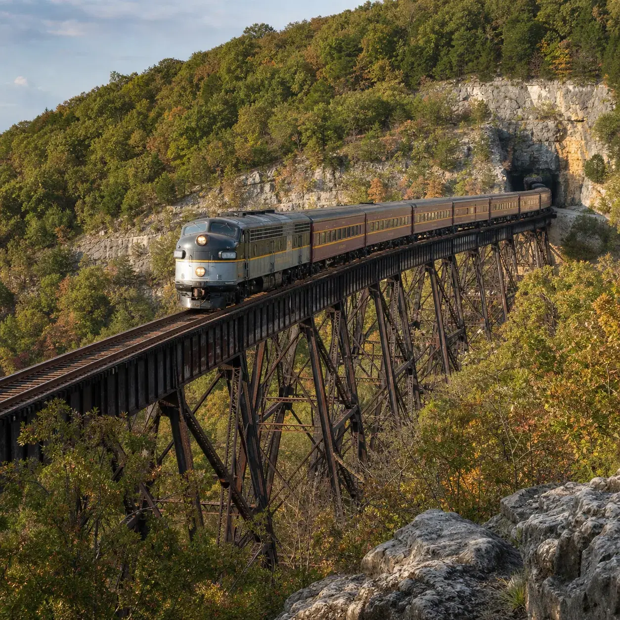 Realistic editorial photo of a vintage passenger train crossing an Ozark trestle with wooded hills, limestone cuts, and