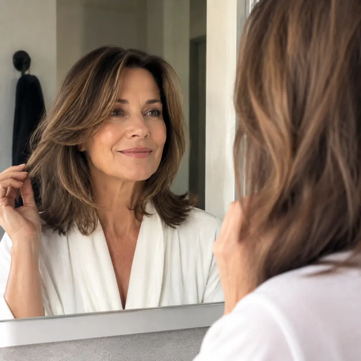 Realistic editorial photo of a woman over 50 with freshly washed face-framing layers starting too high near the temples,