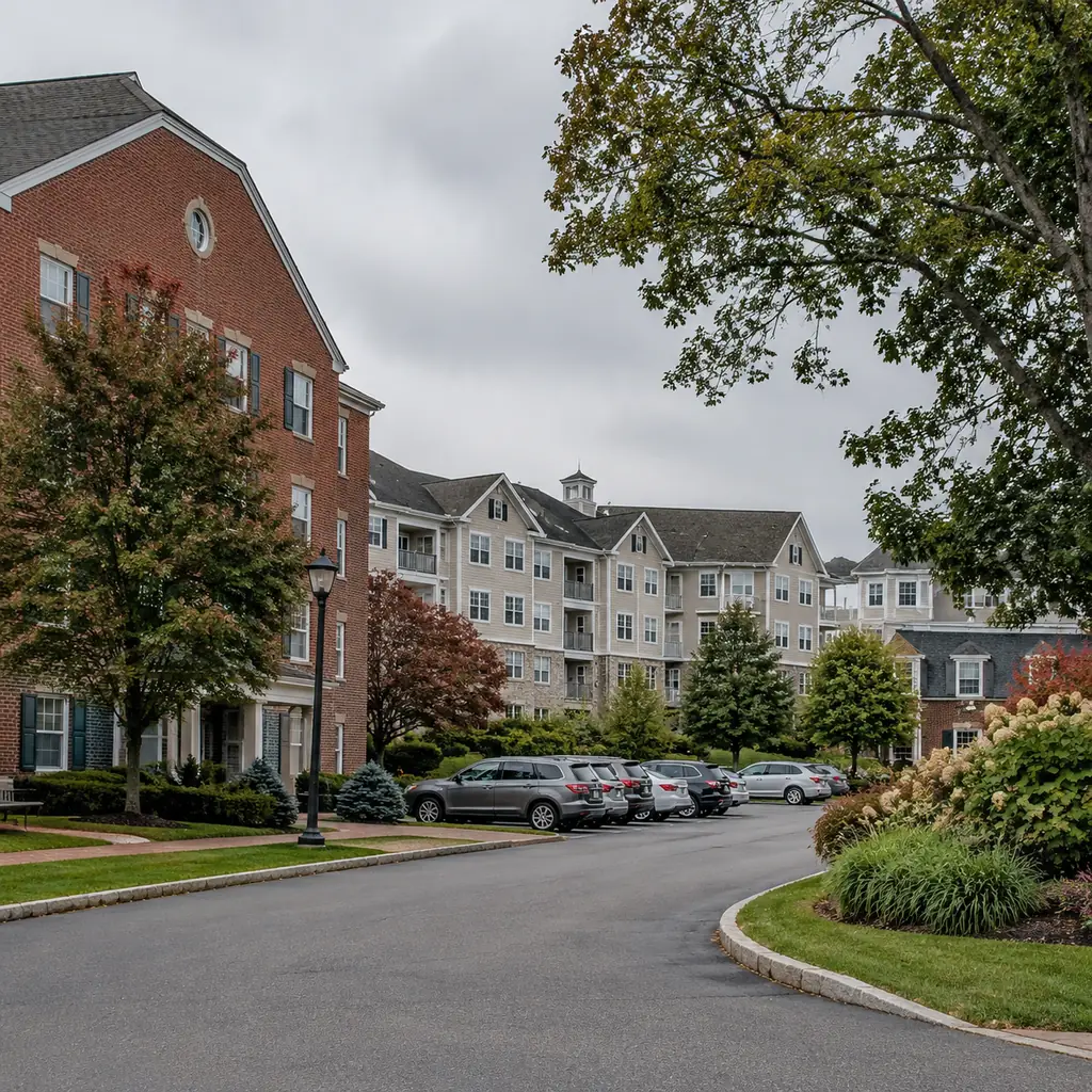 Realistic editorial photo of an established Pennsylvania retirement community showing a mix of older brick apartment bui