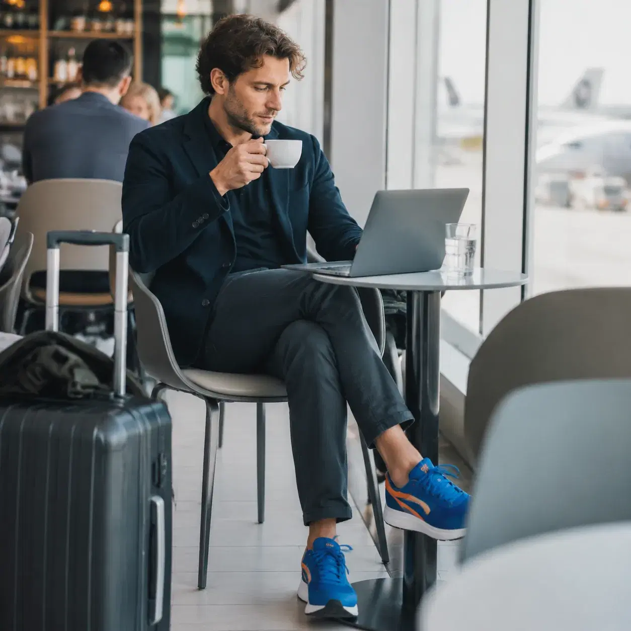Realistic editorial photo of bright running sneakers worn with dark travel pants and a casual blazer in an airport cafe,