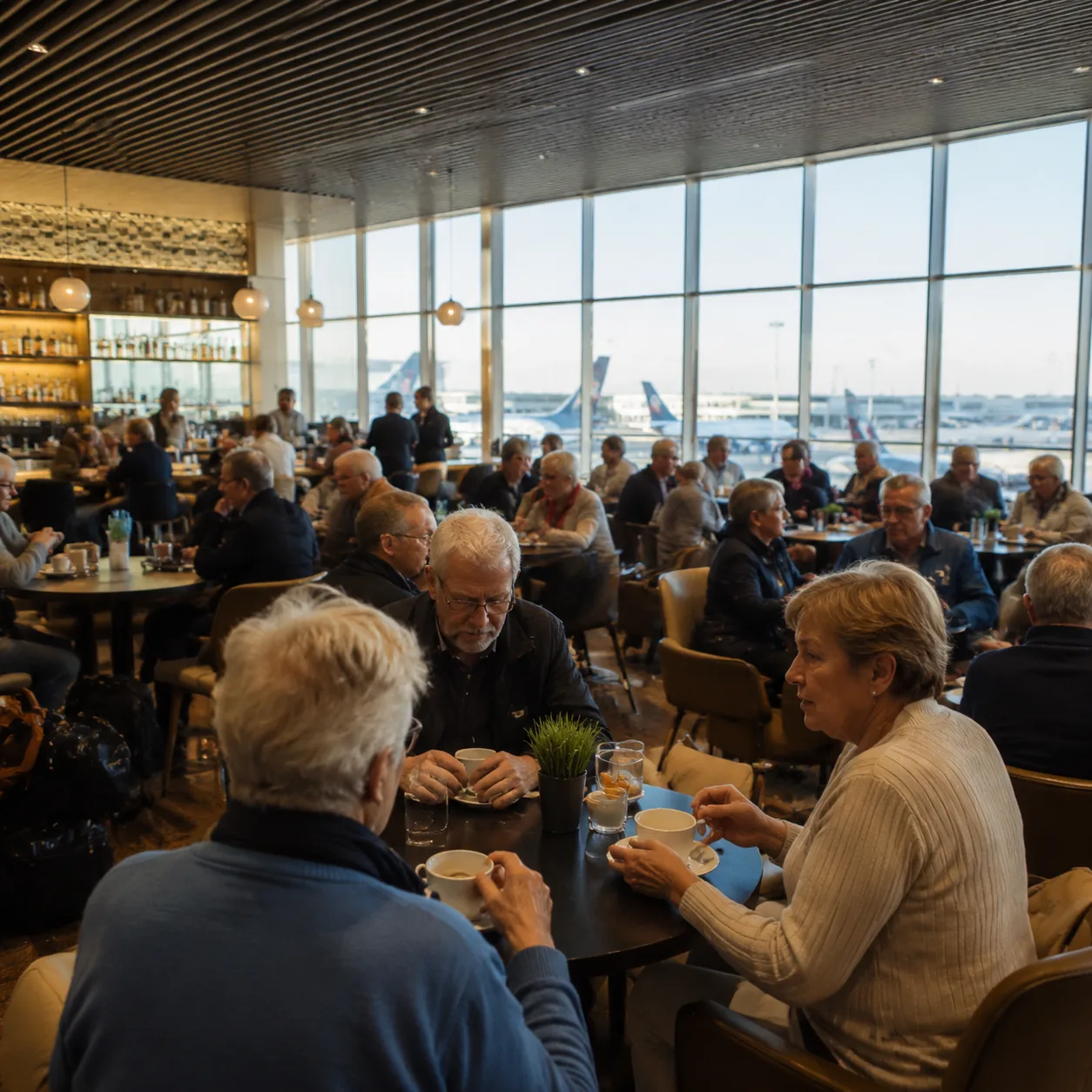 Airline lounge bar area with older travelers waiting for coffee and snacks, crowded tables, airport windows in backgroun