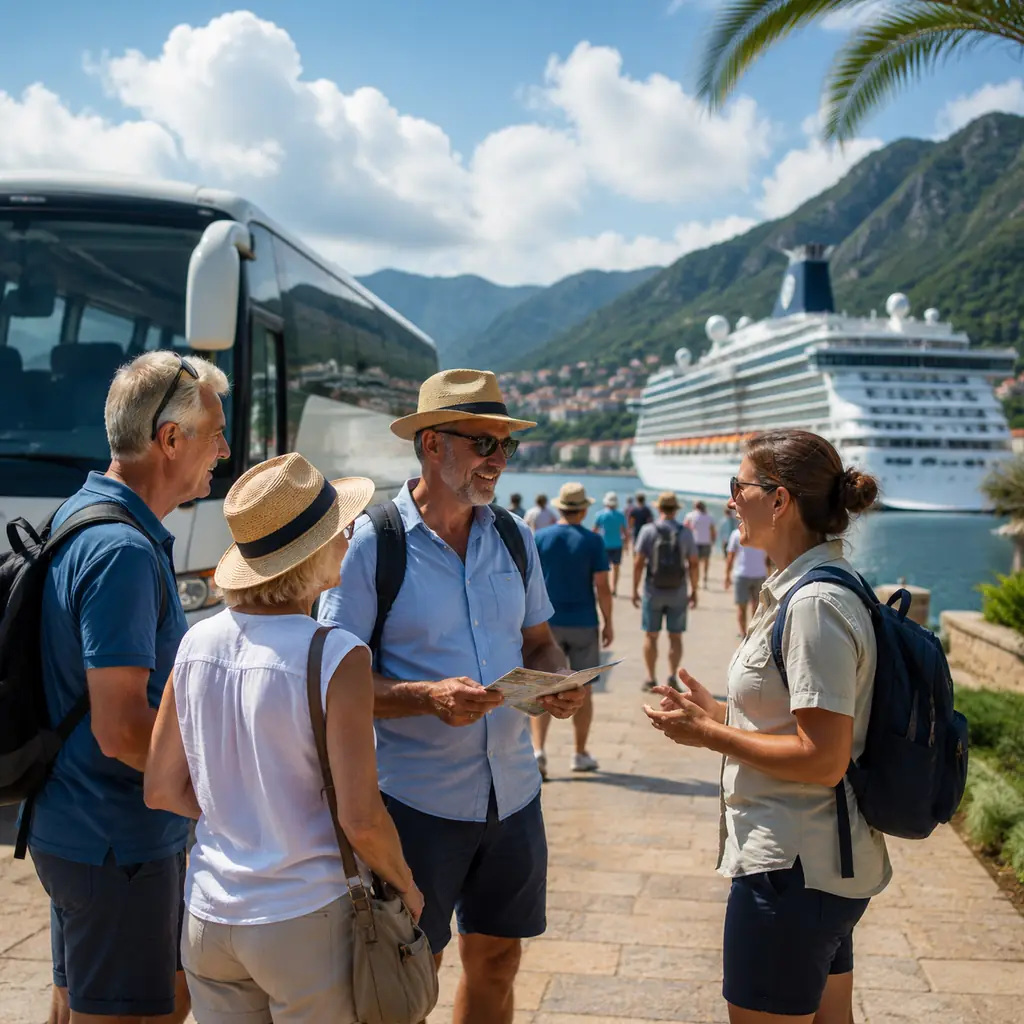 cruise travelers comparing a ship excursion bus with a walkable waterfront and local guide at a sunny port, realistic cr