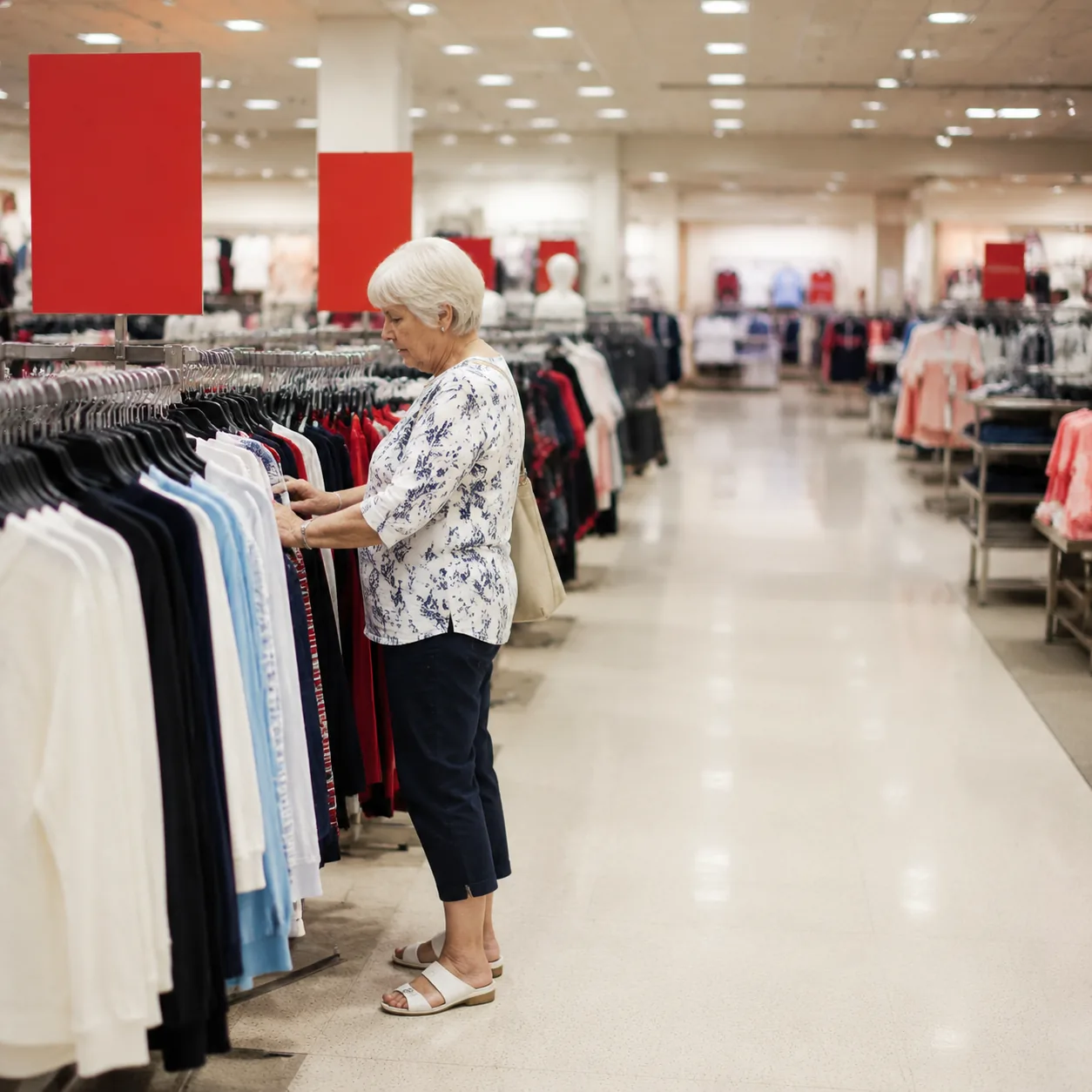 Department store clothing section with mature woman browsing racks near large sale signs, wide empty aisle and soft fluo