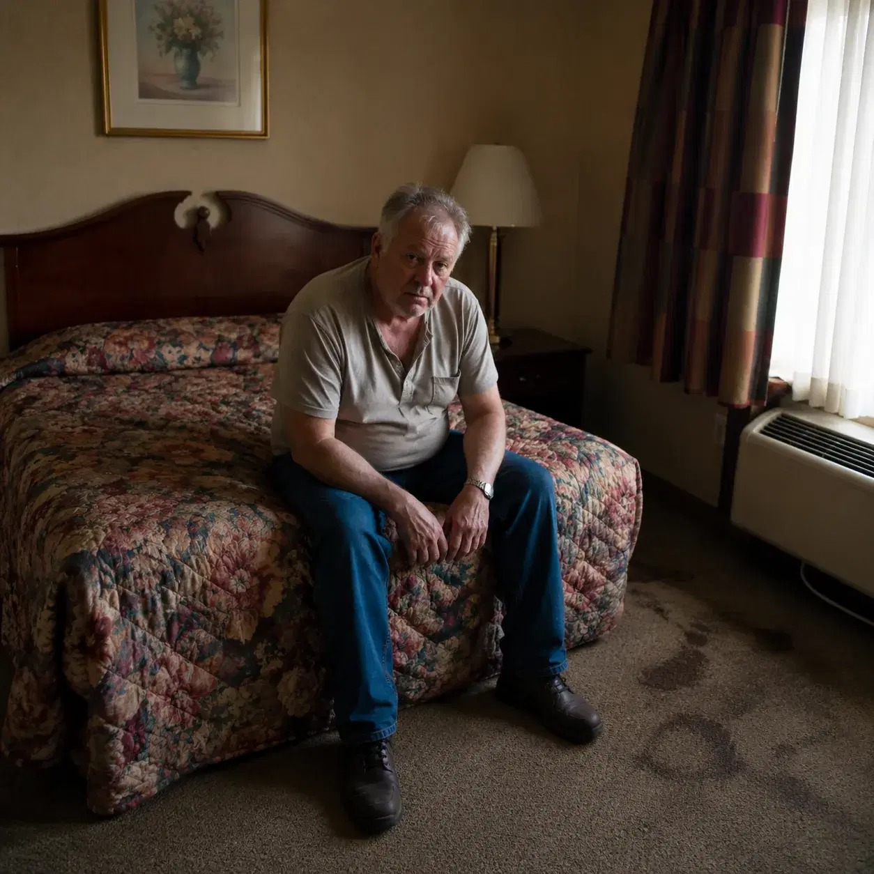 Dimly lit Ramada hotel room with sagging bed, outdated floral bedspread, stained carpet near window, tired-looking older