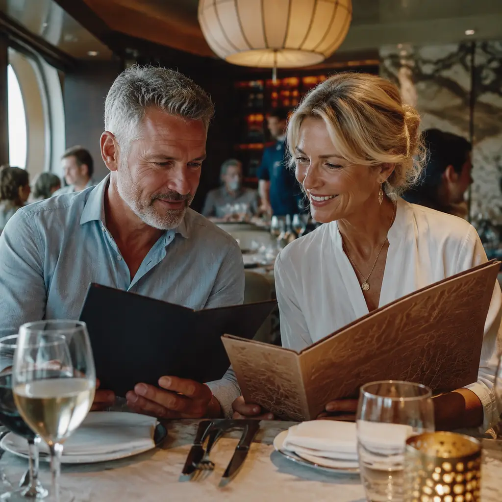 experienced cruise couple comparing an included dining room with a small distinctive specialty restaurant, realistic tra