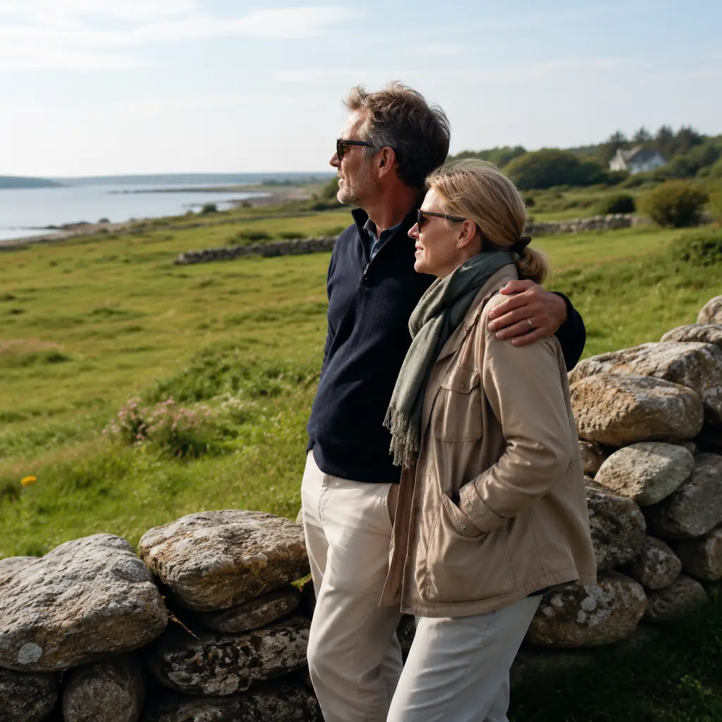 mature couple beside a quiet stone wall and coastal meadow near Little Compton Rhode Island, realistic travel editorial 