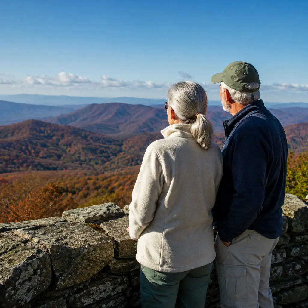 older couple enjoying a quiet Blue Ridge overlook beside Skyline Drive Virginia under clear morning light, realistic tra