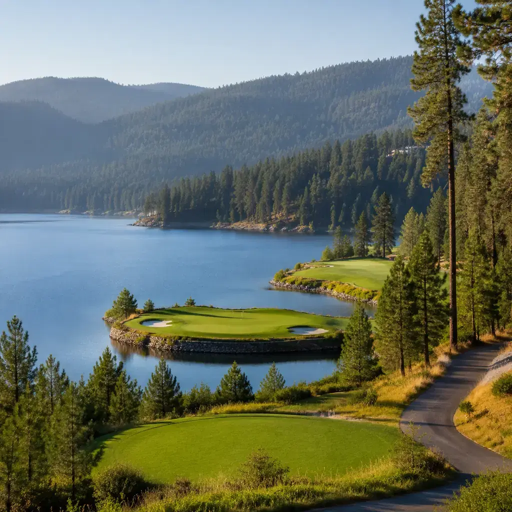 Realistic editorial photo of a lakefront Idaho resort golf hole with blue water, pine covered hills, floating style gree