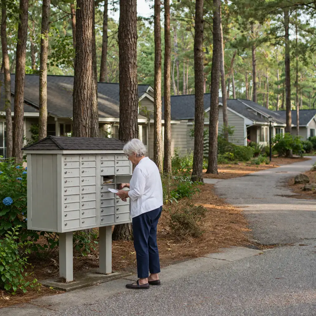 Realistic editorial photo of a mid-sized wooded retirement community in suburban Massachusetts with low residential buil