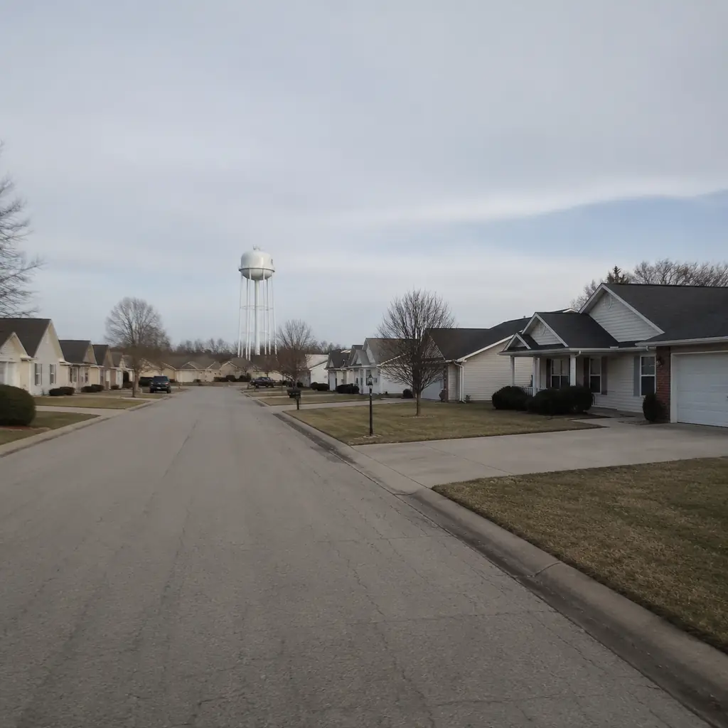 Realistic editorial photo of a midwestern retirement village with modest homes, flat streets, water tower in the distanc