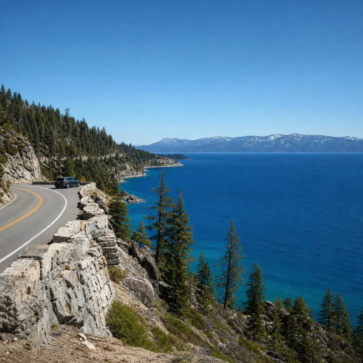 Realistic editorial photo of a mountain lake road above clear blue Lake Tahoe with pine trees, granite rocks, and a park