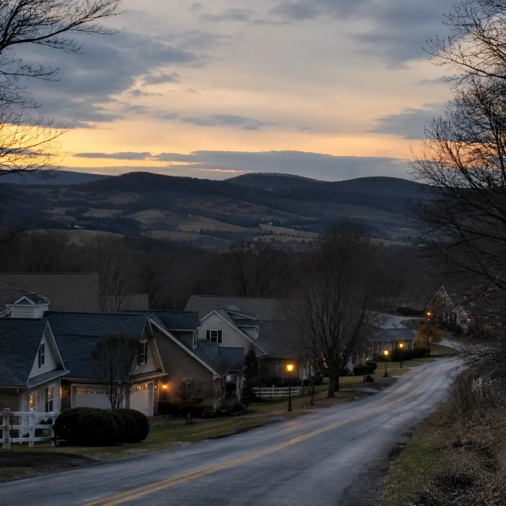 Realistic editorial photo of a rural Pennsylvania retirement community at dusk with cottage rooftops, empty two-lane cou