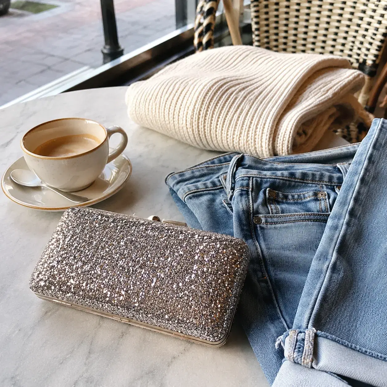 Realistic editorial photo of a sparkly evening clutch resting beside casual daytime jeans, knit sweater, and coffee cup