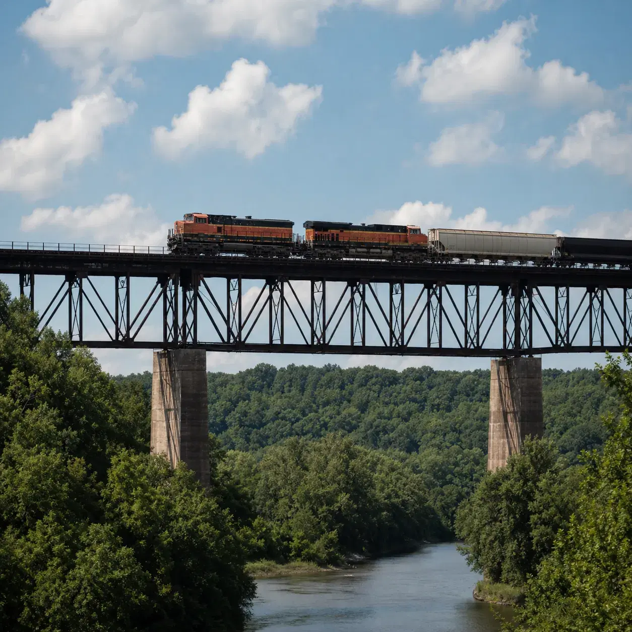 Realistic editorial photo of a train crossing a high trestle over the Des Moines River Valley in Iowa with green woods a