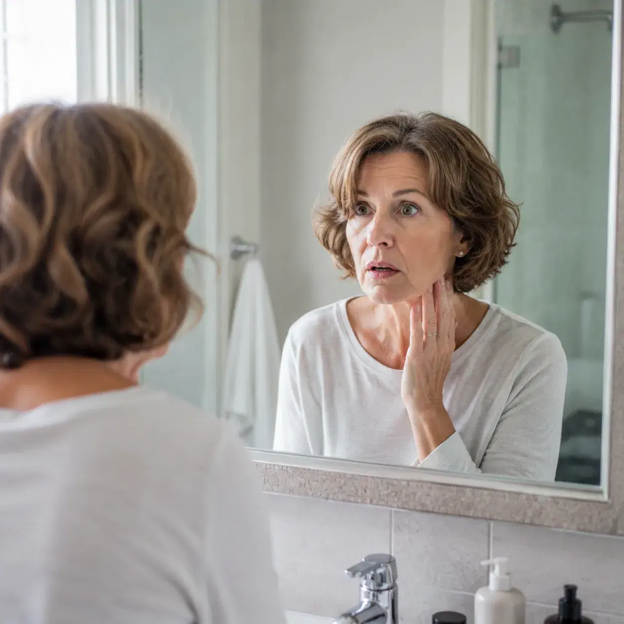 Realistic editorial photo of a woman over 50 with wavy hair realizing a chin-length bob has shrunk shorter after washing