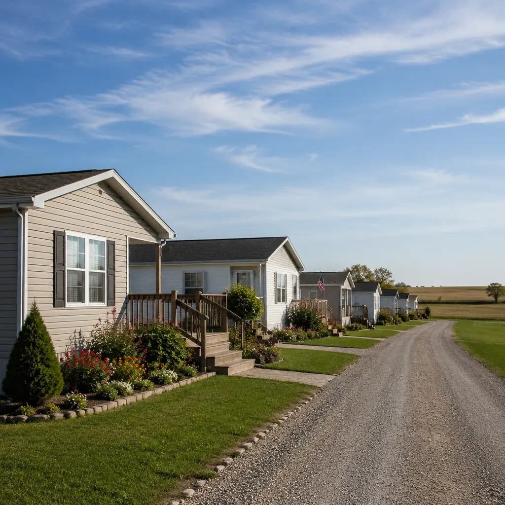 Realistic editorial photo of modest manufactured style ranch homes with tidy gardens and gravel edged lanes in a rural m