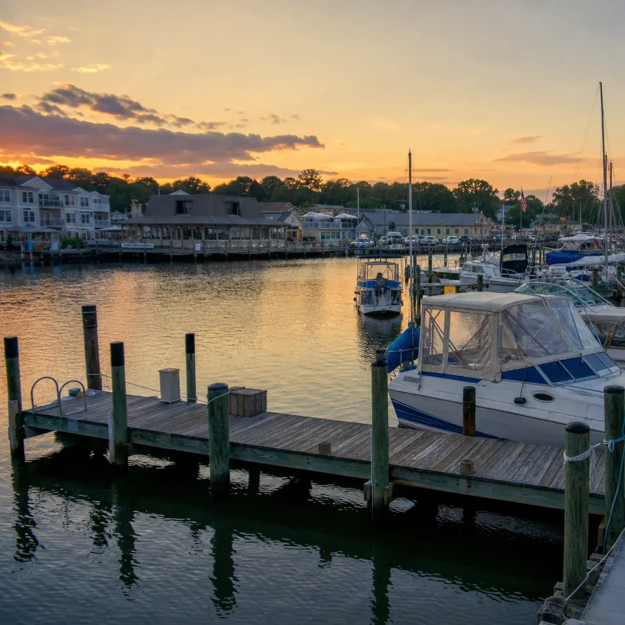 Realistic editorial photo of Solomons Maryland waterfront with small marina boats, wooden docks, calm Chesapeake Bay wat