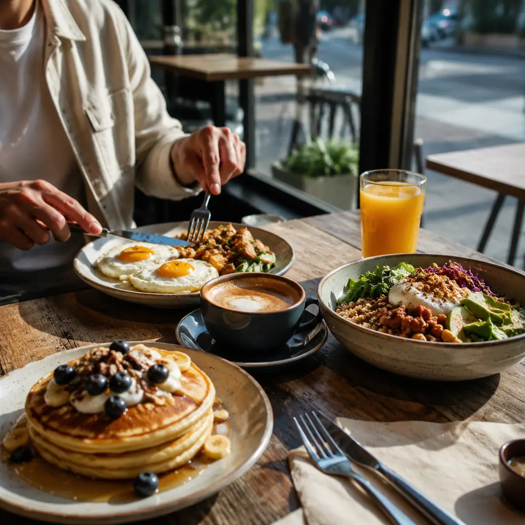 sunlit modern breakfast cafe with eggs pancakes coffee and a fresh grain bowl near a travel route no branding, realistic