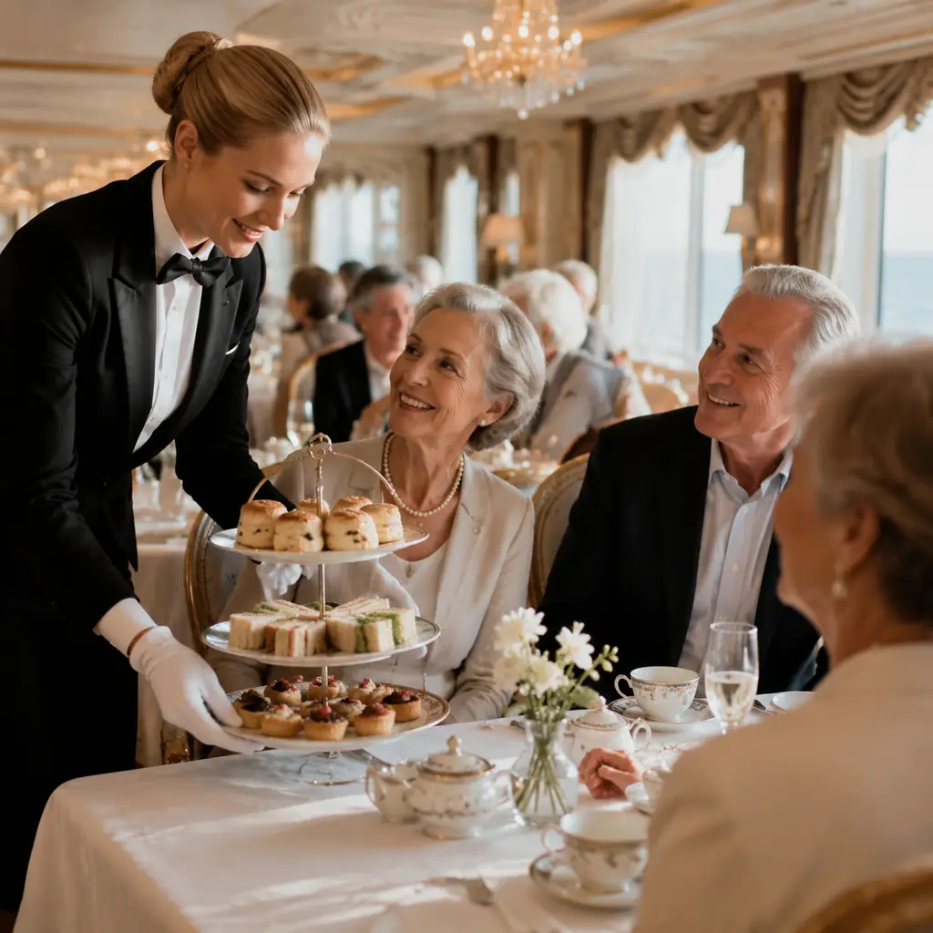white-gloved server presenting scones and finger sandwiches on tiered china to mature cruise passengers in an elegant ba