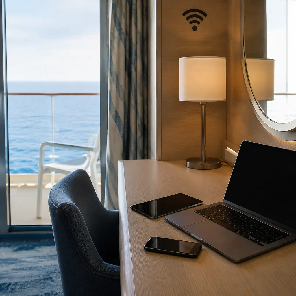 cruise cabin desk with phone tablet and laptop beside a single wifi symbol represented without text, realistic cruise tr