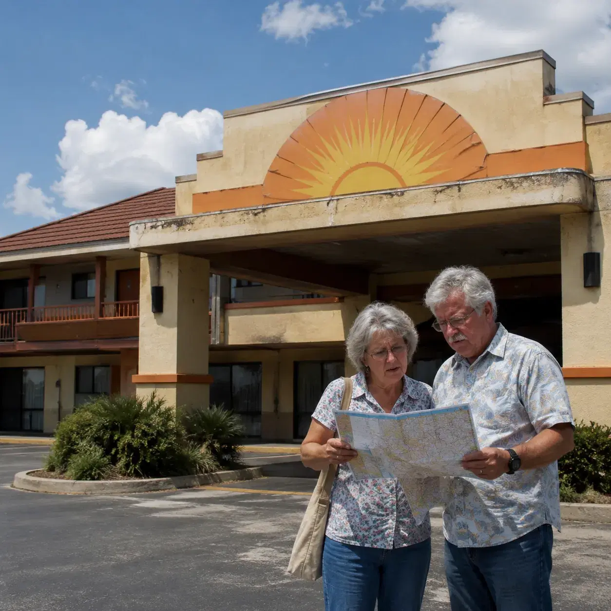 Days Inn exterior at midday showing faded yellow and orange signage, patchy landscaping, older American couple standing