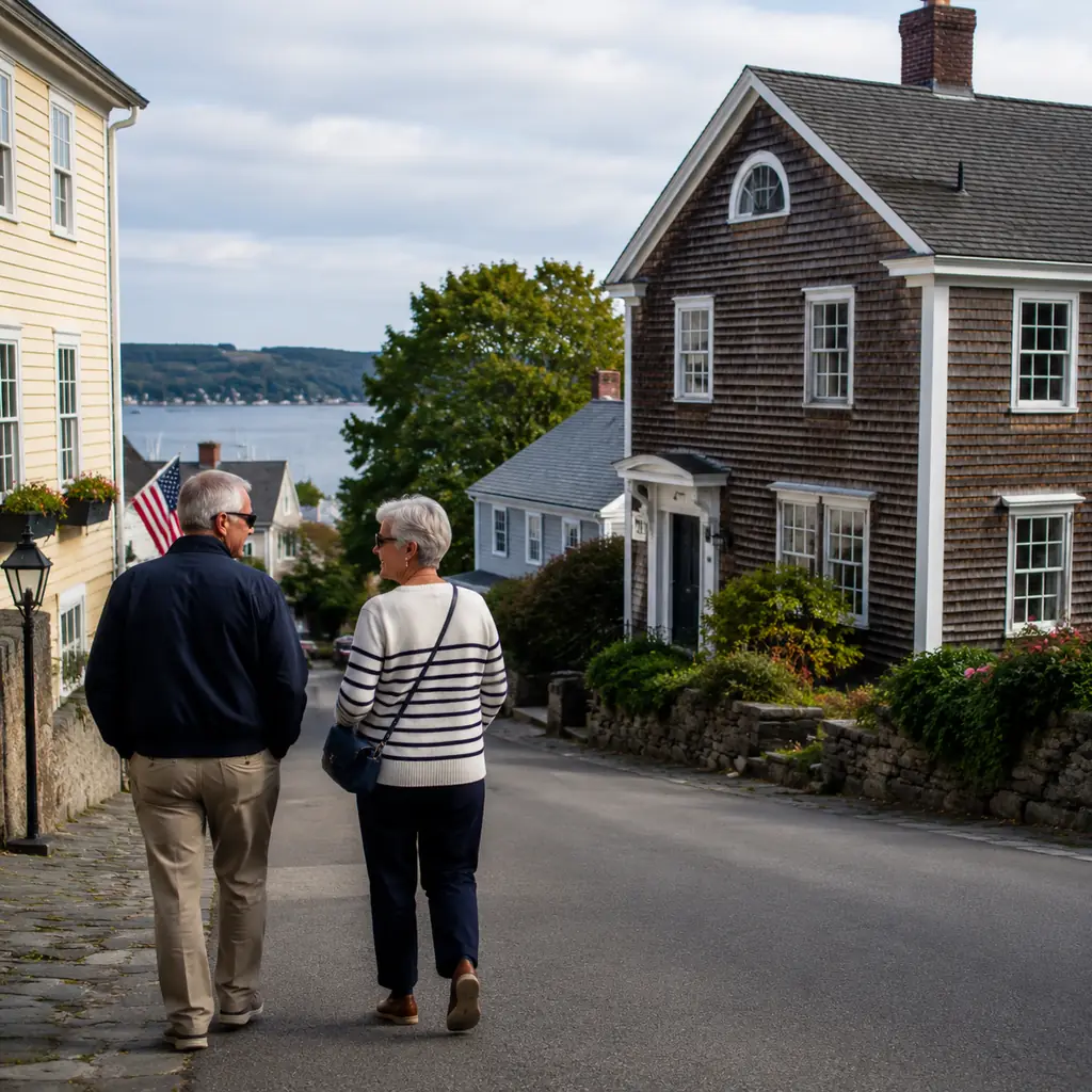 older travelers walking a quiet historic street near the coast in Westerly Rhode Island during September, realistic trav