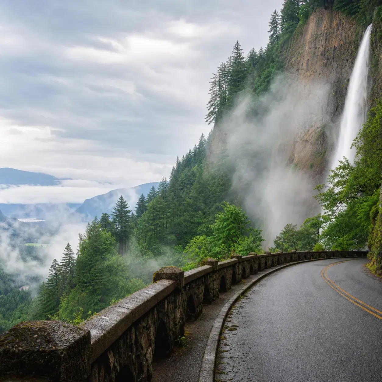 Realistic editorial photo of a classic stone guardrail road in the Columbia River Gorge with waterfall mist, green fores