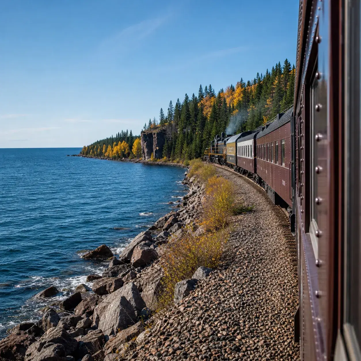 Realistic editorial photo of a scenic train beside Lake Superior near Duluth with blue water, rocky shoreline, north woo