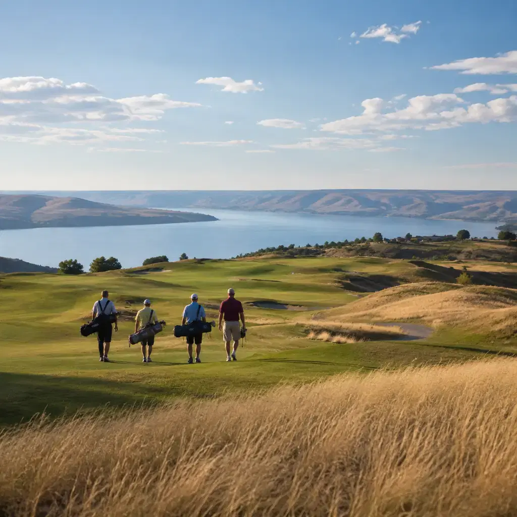 Realistic editorial photo of a Washington golf course above the Columbia River with broad fairways, golden hills, distan