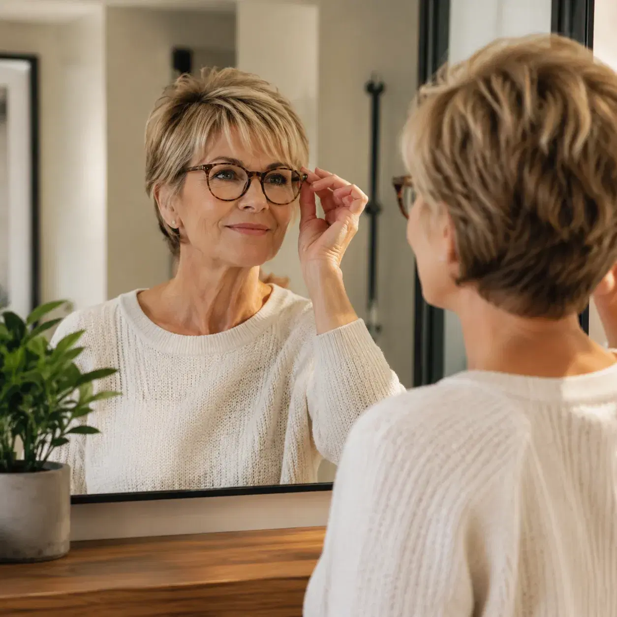 Realistic editorial photo of a woman over 50 wearing eyeglasses while checking a short layered haircut that bunches arou